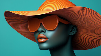 An African American woman wearing a hat and orange sunglasses on a blue background