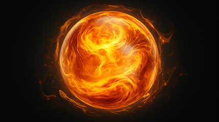 A bright orange sphere with fire coming out of it on a black background