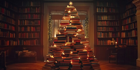 A whimsical Christmas tree made of books, with tiny lights and ornaments, perfect for book lovers during the holidays