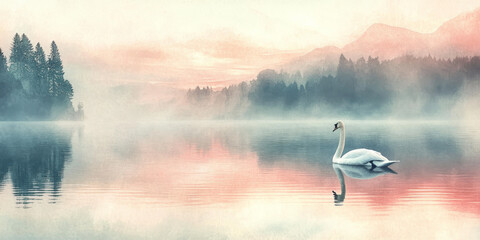 Hand painted watercolor of a graceful swan on a calm lake at sunrise