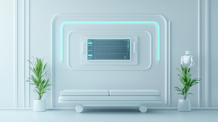 Obraz premium Futuristic living room with sleek furniture, plants, and a digital interface on the wall.