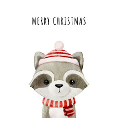 Christmas watercolor animal design with cute raccoon. Cute kids illustration,perfect for greeting or post cards, prints on t-shirts, phone cases,book and other. Hand drawn baby vector