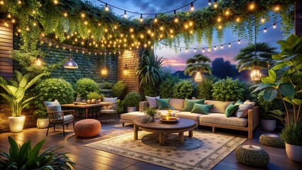 Luxury Night Patio with Green Plants and Garland - Elegant Outdoor Decor, Night Photography, Relaxing Ambiance, Stylish Design, Garden Oasis, Serene Environment, Cozy Gathering Space