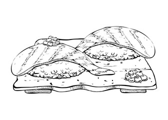 Japanese food nigiri sushi set on ceramic plate, raw fish salmon tuna shrimp seabass, caviar topping hand drawn in vector pen, ink. Illustration for restaurant, cafe menu, kitchen print, recipe book