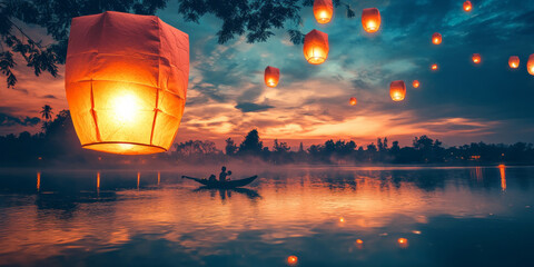 Obraz premium A dreamlike landscape with floating lanterns, symbolizing the magic of time spent with loved ones