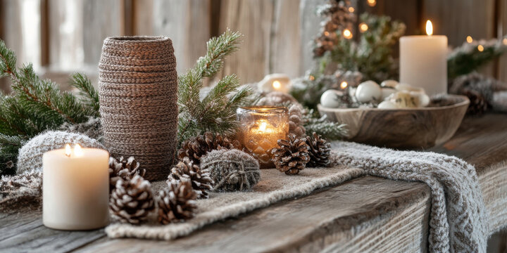 A rustic wooden table adorned with winter-themed decorations, including pinecones, candles, and cozy knitted textiles