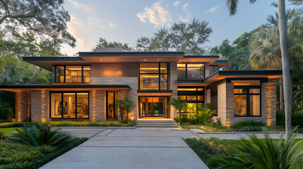 Fototapeta premium Ultra-modern Architect-designed luxury house, light brown wood and brown stone, dark glass with a sleek modern design featuring a flat pitched roof, palm trees in the background