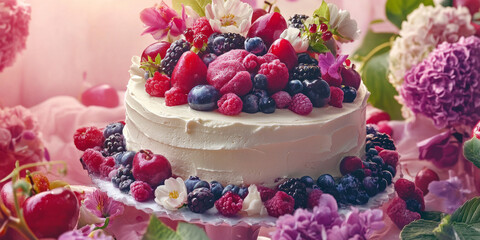 A beautifully decorated layer cake adorned with fresh flowers and fruits, creating an elegant dessert display