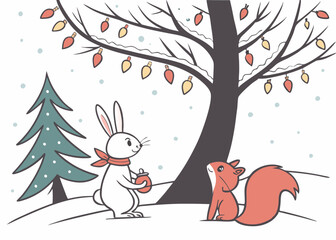 Naklejka premium snow, a hare under a tree with a red squirrel