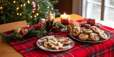 Naklejka premium Christmas cookies and holiday treats arranged on a festive red plaid tablecloth