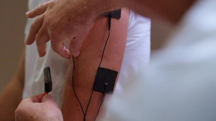 Close-up footage of electrical muscle stimulation therapy applied to a patient's arm, showing adhesive electrodes and wires. Concept of physical therapy, rehabilitation, and muscle recovery.