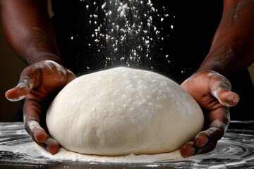 Obraz premium With flour dancing through the air, strong hands knead a smooth dough ball on a well-floured surface, embodying the tactile joy of bread making in a cozy kitchen.