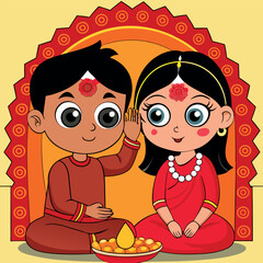 a vector art illustration celebrating Bhai Dooj, showing a sister and brother in traditional attire seated on the floor