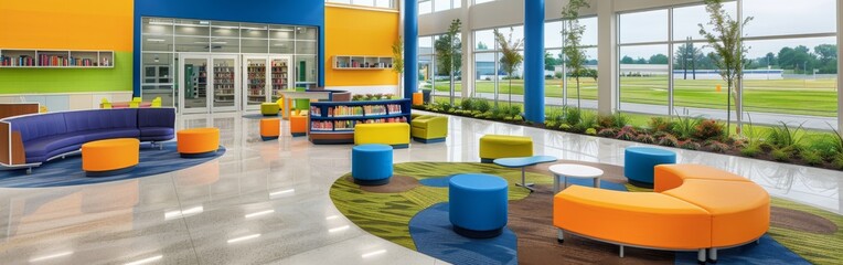 The inviting library interior features a colorful mix of modern and vintage elements, providing cozy reading areas amid shelves filled with diverse books, perfect for avid readers.