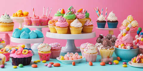A whimsical dessert table showcasing an array of colorful candies, cupcakes, and sweet treats for a festive celebration