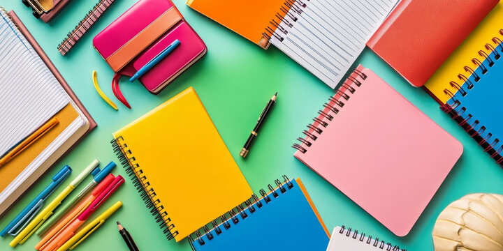 A creative layout with colorful notebooks and stationery items, highlighting a back-to-school sale with eye-catching designs