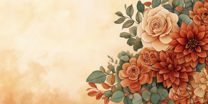 Watercolor illustration of autumnal floral corner featuring dahlias, roses, and eucalyptus with burnt orange flowers and terracotta foliage, creating a rustic wedding look