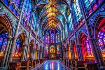 Fototapeta premium Majestic Cathedral Interior Illuminated by Midnight Neon Colors in Rule of Thirds Composition for Stunning Visual Impact, Captivating Architectural Beauty, and Ethereal Atmosphere