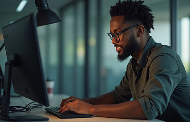 A portrait of a Black man using a computer while programming mobile software in an office