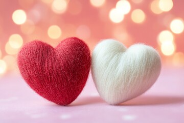 Fototapeta premium Two red and white hearts made of fur on a pink background with bokeh lights. Valentine's Day card design