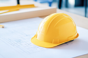 Yellow hard hat placed on architectural blueprints with pencil and rolled plans; symbolizes safety and planning in construction.