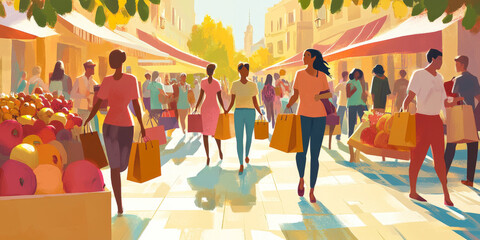 Fototapeta premium A cheerful shopping scene with people carrying bags filled with purchases, emphasizing a busy sale event in a bright setting