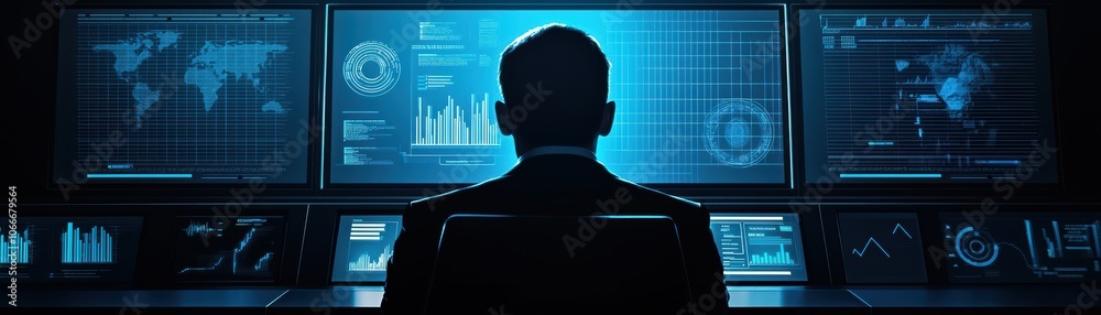 Poster silhouette of a person in front of multiple digital screens displaying data and analytics.