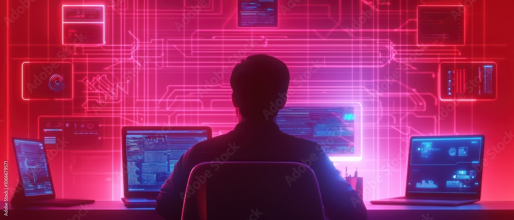 Poster silhouette of a person working at multiple computer screens with a high-tech interface glowing in th