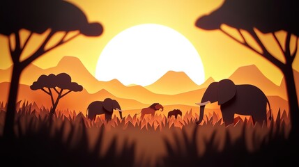 Silhouette of elephants in a vibrant sunset landscape with trees and mountains.