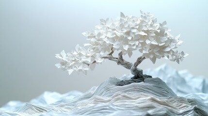 A delicate white paper tree stands on a paper mountain range against a white backdrop.