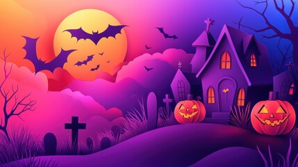 Spooky Halloween scene with haunted house, pumpkins, bats, and a vibrant sunset sky.