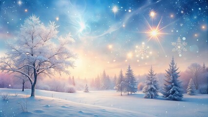 Fototapeta premium A frosty winter landscape with a lone tree in the foreground, surrounded by a snowy forest, under a sky filled with sparkling stars and shimmering snowflakes.