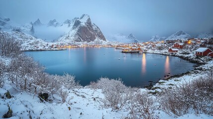 A serene winter landscape featuring snow-covered mountains, a calm bay, and cozy houses illuminated in the twilight.