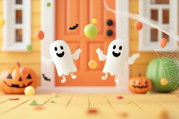 Two cheerful ghosts celebrating Halloween in a festive environment with colorful decorations.