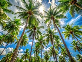 Majestic Palm Trees Against a Clear Blue Sky - Tropical Paradise Scene with Lush Greenery, Sunlight, and Serenity for Nature Lovers and Travel Enthusiasts
