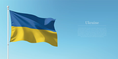 Waving Flag of Ukraine Against Clear Blue Sky Copyspace