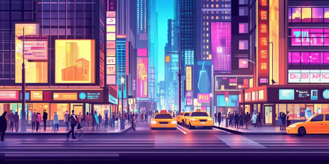 Bright city street background with neon signs and bustling activity, perfect for urban-themed designs