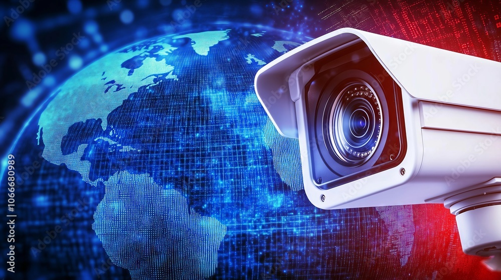 Poster security camera monitoring global network communications and data traffic