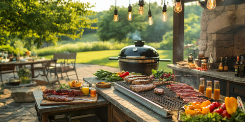 A rustic outdoor barbecue scene featuring grilled meats, vegetables, and vibrant condiments, creating a summer vibe