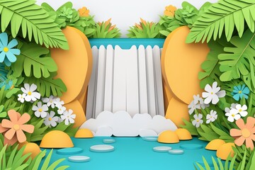 Vibrant paper cut waterfall with tropical foliage and colorful flowers, perfect for nature-themed designs.