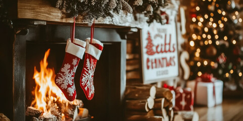 A warm and inviting holiday background featuring a fireplace with stockings and a sign announcing holiday discounts
