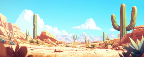 Desert landscape background illustration. American desert landscape illustration. Cartoonish desert plateau. Desert background for game or banner. Western desert landscape. Desert illustration.