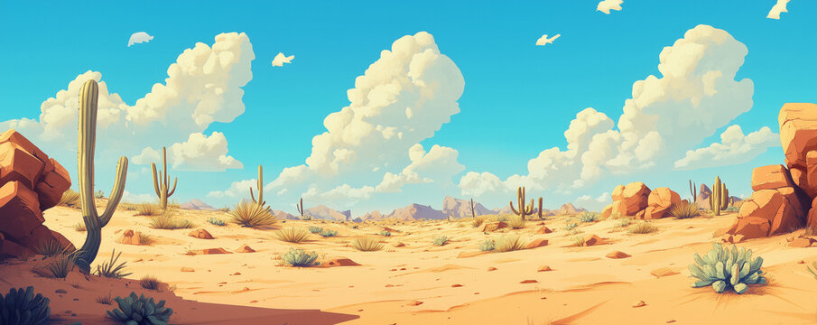 Desert landscape background illustration. American desert landscape illustration. Cartoonish desert plateau. Desert background for game or banner. Western desert landscape. Desert illustration.