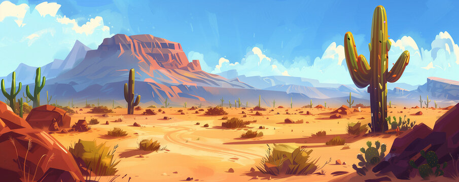 Desert landscape background illustration. American desert landscape illustration. Cartoonish desert plateau. Desert background for game or banner. Western desert landscape. Desert illustration.