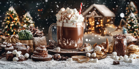 A cozy hot chocolate bar with whipped cream, marshmallows, and toppings, set against a winter-themed backdrop