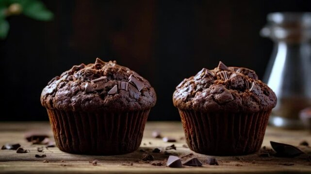 Chocolate muffin on a wooden table