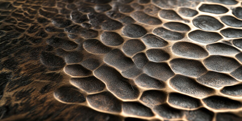 Metallic bronze surface with a hammered texture and slight patina, adding a rich, industrial feel