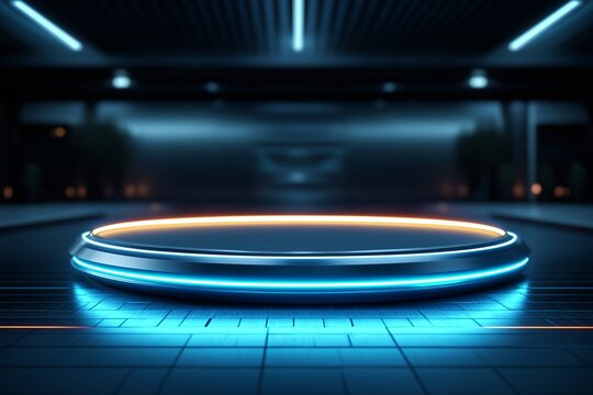 Illuminated podium with bokeh background. Technology and cyber sale concept. Product display for banner, poster and background with copy space. - Powered by Adobe