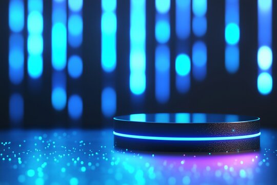 Illuminated podium with bokeh background. Technology and cyber sale concept. Product display for banner, poster and background with copy space.
