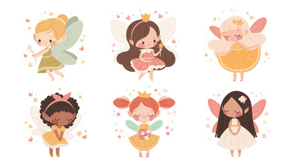 Set of cute drawn fairies for girls and babies. Fairy princess with wings and flowers. Vector isolated character © Sonika